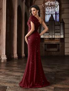Elegant Women's Ombre Asymmetric Neckline Rhinestone Embellished Formal Dress - Burgundy - View 2