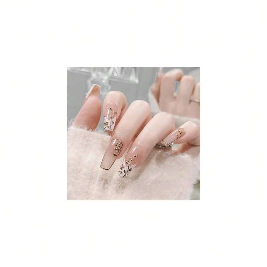 Nude Press On Nails French Nude Long Leaf Fake Nails Tips Full Cover Coffin False Nails For Women And FFgirls 24PCS{Inchcolor_nameinch:InchNails-12inch} - 釘子-12 - 查看 1