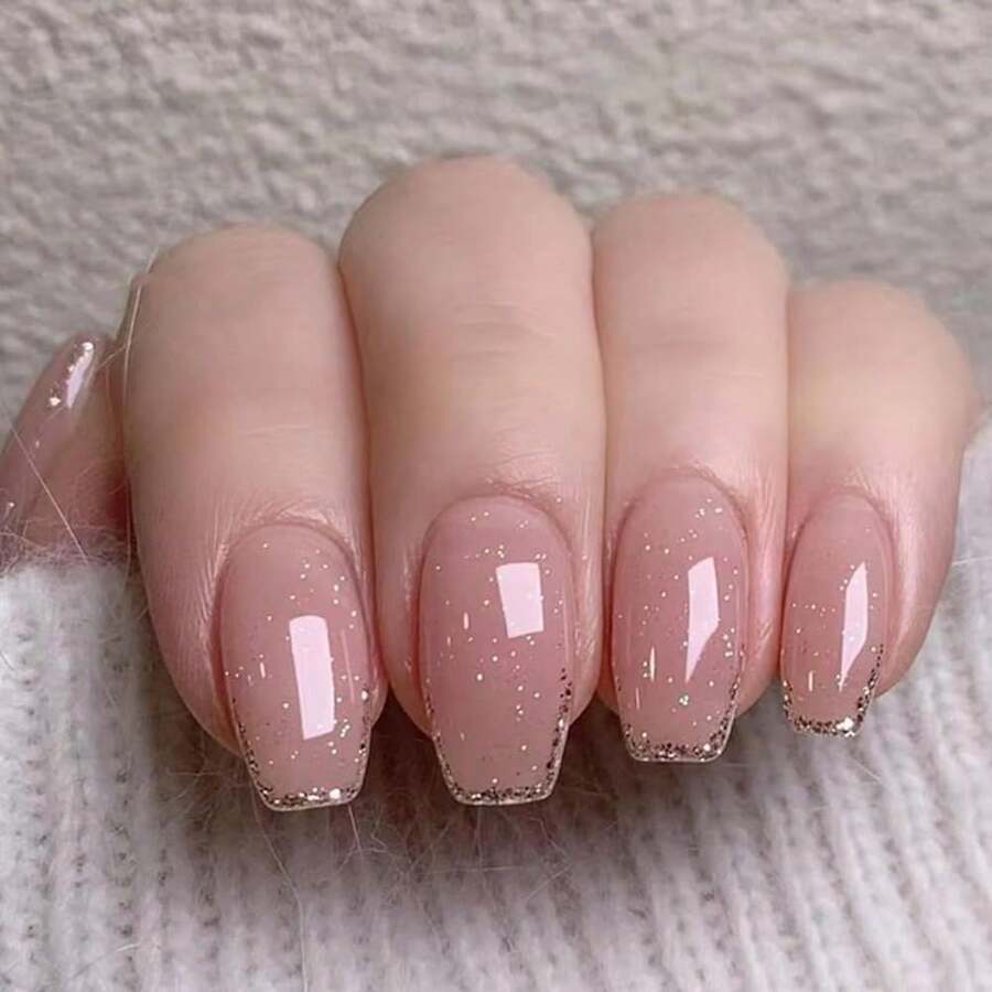 Medium Coffin Press On Nails Bling Fake Pink Nails Tips Full Cover False Gold French Nails For Women And FFgirls 24PCS{Inchcolor_nameinch:InchNails-05inch} - 指甲-05 - 查看 1