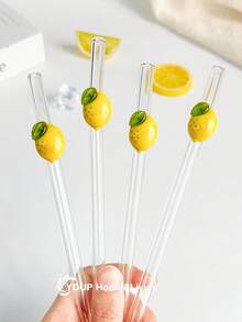 1/2/4 pièces Pailles en verre réutilisables transparentes incurvées avec tranches de citron jaune de dessin animé, brosse de nettoyage et embout de paille pour thé au lait, soda, eau pétillante, smoothies, maison, café, fête d'été, Pâques, fête des pères, cadeau pour amis et amoureux - Style 3 - Voir 9