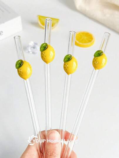 1/2/4/5/6/8Pcs Cartoon Yellow Lemon Curved Clear Reusable Glass Straws With Cleaning Brush & Straw Topper For Milk Tea Soda Sparkling Water Smoothies Home Coffee Shop Back To School, Autumn Gifts, Halloween, Christmas