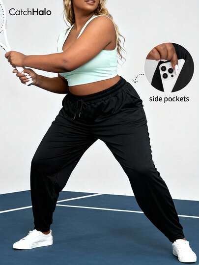 Pantalones deportivos de talla grande para mujer con cintura con cordón y bolsillos, color negro puro, estilo deportivo casual (Leggings de yoga y fitness para otoño/invierno 2025) Primavera