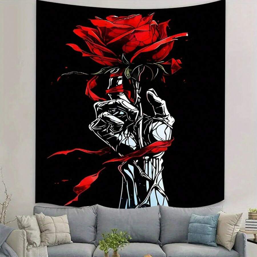Gothic Red Rose & Skull Tapestry Wall Hanging - Large Black & White Gothic Art With Blood-Red Roses, Soft Suede-Like Texture Polyester Fabric, Easy Install Horizontal/Vertical-Like Bedspread For Dorm, - Ideal Macabre Gift - 30*40吋(75*100公分) - 查看 1