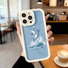 Cubierta de telefono con borde negro azul claro con delfin saltando en olas diseño animado para uso diario en cafeterias y espacios casuales Aplicable a los teléfonos de la serie Apple y Galaxy - Blanco - Ver 7