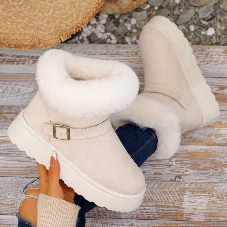 Women's Snow Boots For Autumn/Winter, Slip-On Short Shaft Thick Sole Outdoor Warm Boots, Buckle Decor On Shoe Upper To Avoid Monotony, Fluffy Collar Around Ankle For Fashion And Warmth, Suitable For Daily Wear, Commuting And More. - Beige - View 14