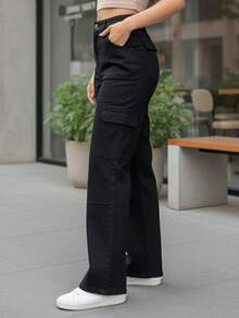 Pantalones vaqueros cargo largos de mezclilla recta para mujer, ideales para el día a día. - Negro - Ver 3