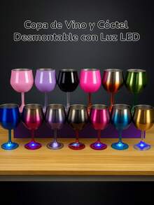 Copa desmontable de acero inoxidable FAB-20 / 410 ml con base iluminada LED y popote de acero - diseño elegante 2 en 1 tipo vino y cóctel, con tapa hermética, interior prismático y 15 colores brillantes ideales para fiestas, reuniones o uso diario - PLATA NEGRO - Ver 7