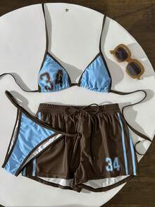 Costum de baie pentru femei 3 buc, bikini albastru-bej, stil sport, casual, numărul 34, imprimat Y2k, anii 2000, haine în stil Y2k, ținute de plajă pentru femei, ținută pentru ieșiri, cadou de Crăciun, vacanță de Ziua Îndrăgostiților, primăvară/vară 2026 - albastru-maro - Vizualizare 4