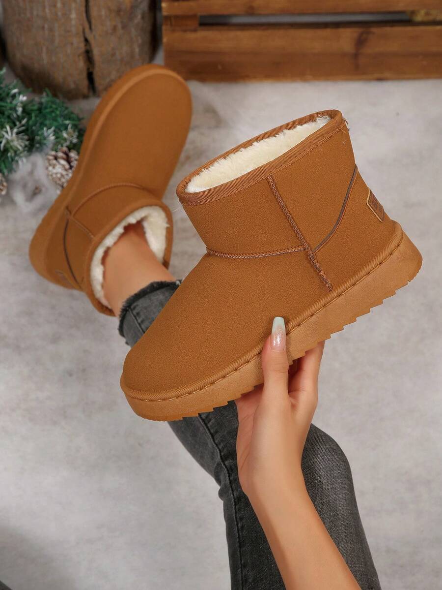 女士冬季雪地靴，新款轻便防滑中筒短靴，厚垫冬季鞋 - 棕色 - 查看 1