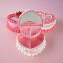 Heart-Shaped Jewelry Organizer With Mirror & Drawer - Realistic Strawberry Cream Cake Design, Pink And White Plastic Desktop Storage Box, Suitable For Necklaces, Earrings, Headbands - Valentine's Day/Mother's Day Gift, Jewelry Gift Box, Romantic Aesthetic Decoration. - hộp đựng đồ trang sức - Xem 4