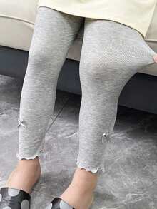 Girls Ribbed Vertical Striped Leggings, Thin Fashionable Versatile Skinny Pants, Anti-Mosquito Trousers For Spring & Autumn, Girls Bottoms With Bow & Frill Trim - Light Grey - View 2