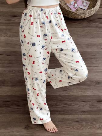 Sanrio 女士舒适宽松Hello Kitty卡通印花睡裤，适合居家休闲和睡眠穿着，四季皆宜，尤其适合秋冬季节。