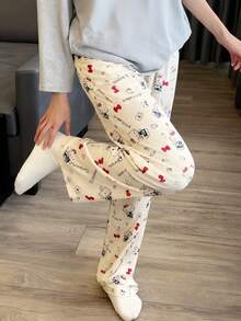 Sanrio Calça Confortável e Solta com Estampa de Desenho Animado Hello Kitty para Mulheres, Adequada para Loungewear e Sleepwear, Todas as Estações, Outono