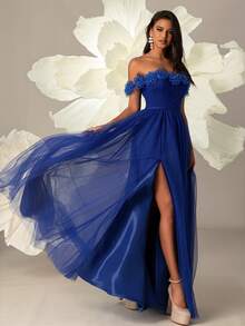 VIPGIRL Vestido de noche elegante de gasa azul real con hombros descubiertos, decorado con volantes florales y abertura alta - Vestido de gala formal para ocasiones especiales - azul real - Ver 5