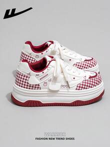 1 Pair WARRIOR Women's Thick Sole Lace-Up Soft Bottom Casual Shoes, Low-Top Outdoor Flat Shoes, Round Toe Low Heel Non-Slip Solid Color Elegant Soft Bottom Hiking Shoes, Suitable For Students, Graduation Photos, Flat Shoes, Women Leather Skate Sneakers - Rice/Wine Red - View 4