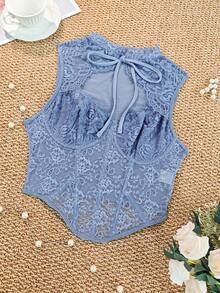 EZNV 1 pieza Corset con parte superior de encaje y espina de pescado, cinturilla de corsé - Neblina azul - Ver 9