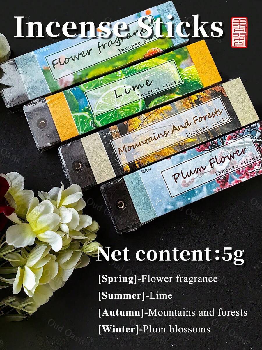 Bețișoare parfumate portabile de 5g pentru aromaterapie, 4 tipuri de parfum, relaxante și calmante, potrivite pentru dormitor, studiu, meditație, yoga, ceai de după-amiază și alte ocazii, pentru toate anotimpurile