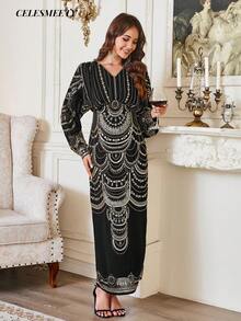 奢华皇家风黑色金亮片刺绣正式礼服，优雅雪纺蝙蝠袖晚礼服，适合派对、婚礼、家庭聚会等场合。 - 金色 - 查看 5