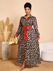 BIUBIU Đầm sơ mi cài cúc phối màu tương phản họa tiết da báo thời trang thu/đông dành cho nữ cỡ lớn, thích hợp mặc hàng ngày, làm đầm mùa đông, trang phục mùa thu, áo khoác mùa đông cho nữ, thanh lịch cho kỳ nghỉ xuân. - Nâu báo - Xem 1