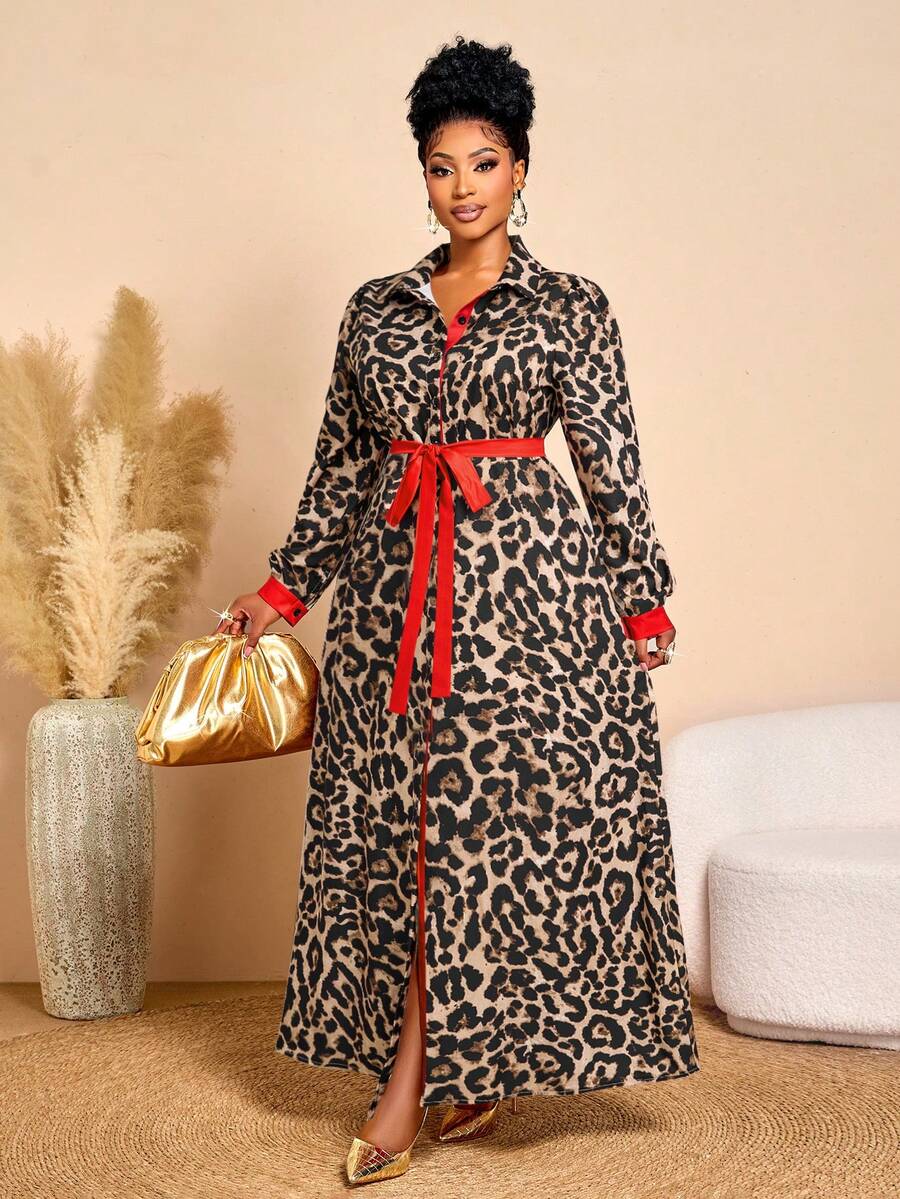 BIUBIU Đầm sơ mi cài cúc phối màu tương phản họa tiết da báo thời trang thu/đông dành cho nữ cỡ lớn, thích hợp mặc hàng ngày, làm đầm mùa đông, trang phục mùa thu, áo khoác mùa đông cho nữ, thanh lịch cho kỳ nghỉ xuân. - Nâu báo - Xem 1