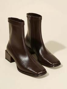 Fall/Winter 2025 Spring/Autumn New Square Toe Ankle Boots For Women, French Style Chunky Heel Mid-Heel Elastic Slim Boots - Brown - View 2