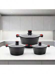 6pcs Aluminum Alloy Cookware Set - Marble Non-Stick Coating, Compatible With All Stoves - Black - View 5