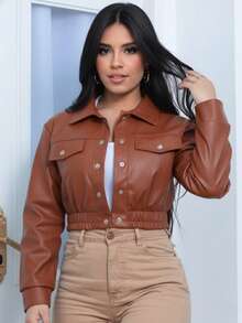 Women's Faux Leather Jacket Long Sleeve Front Pockets - 焦糖棕 - 查看 1
