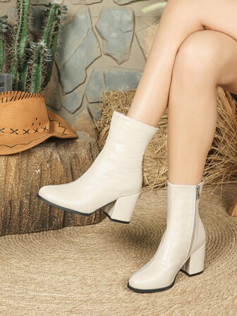 レディース ファッショナブル アプリコット 多機能 快適 ラウンドトゥ サイドジップ ハイヒール アンクルブーツ、パーティー、集まり、アウトドア活動に適し、厚底ブーティー、様々なコーディネートに合わせやすい、秋冬