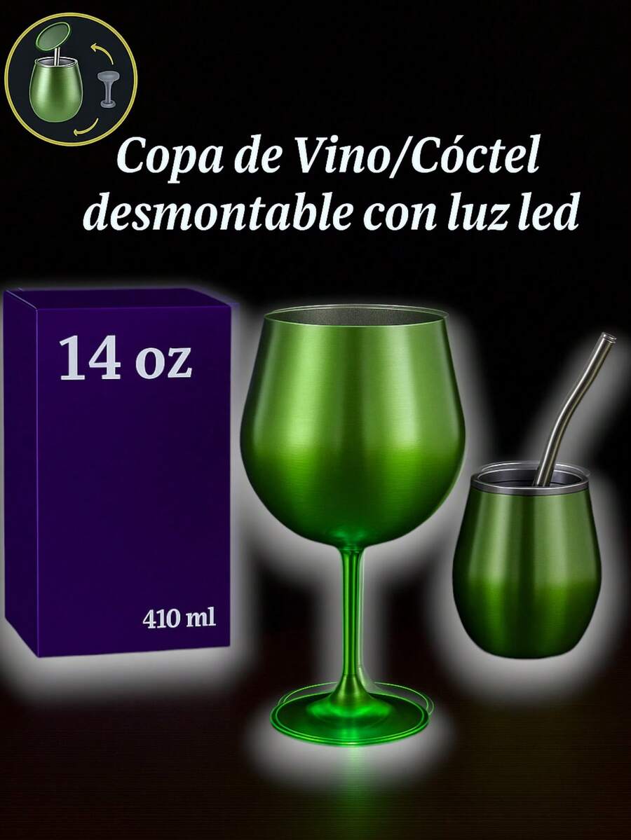 Copa desmontable de acero inoxidable FAB-20 / 410 ml con base iluminada LED y popote de acero - diseño elegante 2 en 1 tipo vino y cóctel, con tapa hermética, interior prismático y 15 colores brillantes ideales para fiestas, reuniones o uso diario