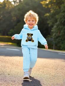 Boys' Solid Color Casual Cartoon Bear Hoodie Sweatshirt And Pants Set, Comfortable Outfit For Autumn/Winter, Suitable As A Gift