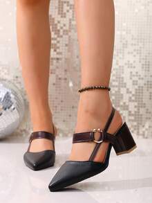 7cm Tacones de aguja de charol mate negro, Sandalias de tacón grueso con hebilla, nuevas para primavera/verano, Estilo elegante de hada adecuado para vestidos, Día de San Valentín, Halloween, citas, fiestas, uso casual - Negro - Ver 5