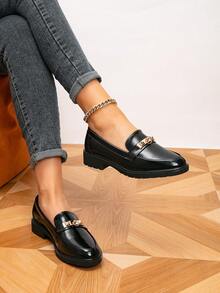 Mokasyny damskie, płaskie buty z okrągłym noskiem i metalową klamrą, damskie buty na co dzień w stylu retro, czarne buty, buty codzienne - Czarne - Zobacz 2