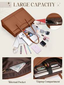 Insulated Lunch Tote Bag For Women With 15.6 Inch Laptop Compartment, Multifunctional Large Capacity Quilted Leather Computer Bag For Work, Teacher, Office & Commute - 棕色 - 查看 3