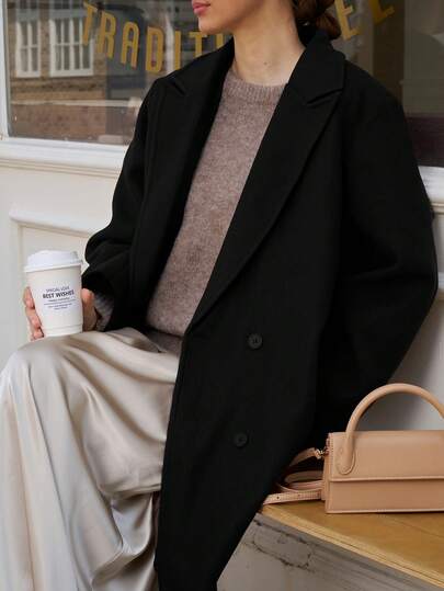 Plus Size Women's Casual & Fashionable Minimalist Design Notched Collar Double-Breasted Long Coat, Loose Fit, Suitable For Everyday Wear, Work Or Travel, Spring, Autumn And Winter