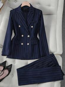 HOMEYEE Striped Suit Set, Double-Breasted Blazer & Trousers, Fitted Style, Versatile For Business, Casual And Holiday Occasions, 2 Pieces - Navy Blue - View 11