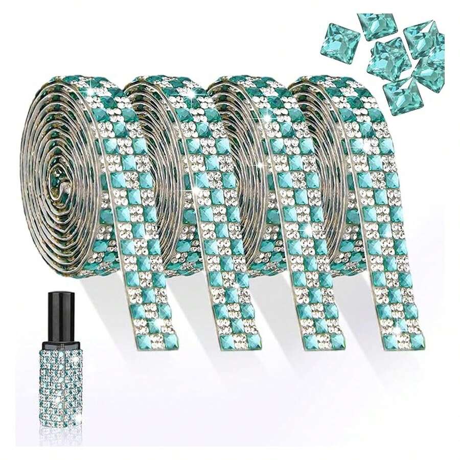4 Yards Rhinestones Ribbon Self Adhesive Aquamarine Crystal Rhinestone Strip With 4MM Square Gems Bling Rhinestones Tape Roll For DIY Bedazzling Craft, Car, Wedding, Home Decoration - Multicolor 1028 - View 1