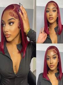 99j 酒红色波波头假发，真人发蕾丝前假发，预先拔毛，13x4 蕾丝前假发，150 密度，短款波波头前假发，无胶假发，真人发带婴儿发，14 英寸