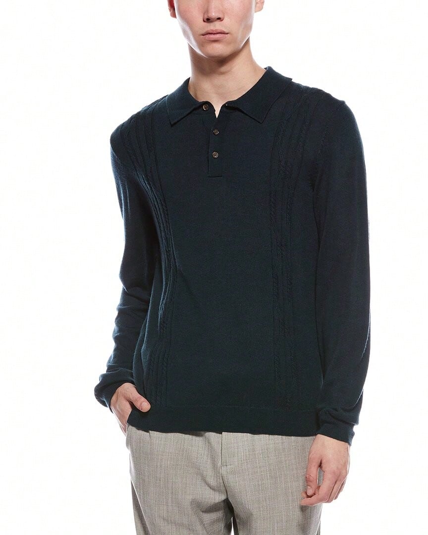 Bruno Magli Cable Front Merino Wool Polo Sweater - Green - View 1