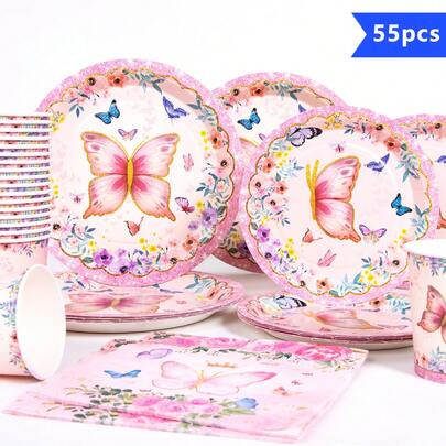 10pcs Gold Rim Pink Butterfly Disposable Plate, Napkin, Cup Set, Plates, Napkins And Cups Party Supplies, Suitable For 10 Guests, Disposable Paper Plates Party Tableware For Birthday, Wedding, Party, Family Picnic