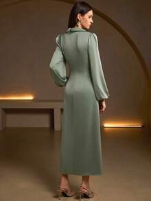 Ladies New Elegant Lantern Long Sleeve Pleated Waist Satin Dress - Green - View 2