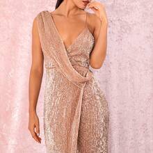European And American New Style Dress Sexy Slit V-Neck One-Shoulder Sequin Party Evening Dress For Women - Vàng - Xem 3
