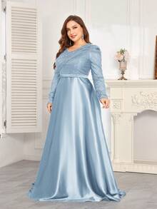 hezixi High-Quality Stretchy Sequin V-Neck Puff Sleeve Fitted Mermaid Hem Design, Plus Size Solid Color Elegant Luxury Maxi Dress, Makes Women Look More Youthful And Charming, Suitable For Various Parties, Graduations, Weddings, Events, Banquets And Balls, Women's Formal Ball Gown (Deluxe Edition) - Baby Blue - View 5