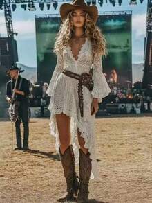 2025 Women's New Retro Western Style Music Festival Lace Irregular Lace Skirt - Pearl White - 查看 2