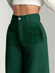 Women's Elegant Solid Color Corduroy Wide Leg Pants, Casual Versatile Trousers, Suitable For Work Attire Or Daily Outings, Essential For Spring/Autumn/Winter Outings And Dates, With Green Pockets, Zipper And Buttons