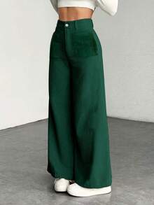 Women's Elegant Solid Color Corduroy Wide Leg Pants, Casual Versatile Trousers, Suitable For Work Attire Or Daily Outings, Essential For Spring/Autumn/Winter Outings And Dates, With Green Pockets, Zipper And Buttons