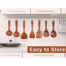 7合1优质天然黄杨木烹饪用具套装，包括锅铲、米筛、汤勺、滤网、烹饪勺和厨房铲。