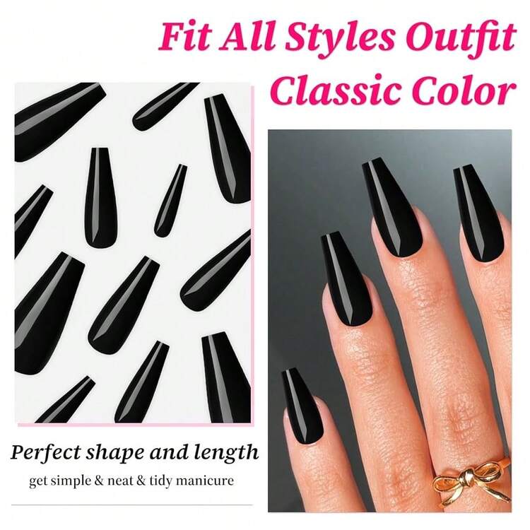 100pc Colored Coffin Press On Nails Long Ballerina False Fake Nail Tips Full Cover Manicure Design Acrylic Nails For Women Teen FFgirls (Black){Inchcolor_nameinch:InchBlackinch} - Black - 查看 3