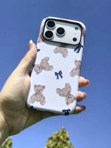 可爱小熊蝴蝶主题图案手机壳，兼容 17 Pro Max、16 Pro Max、15 Pro、13、11、12、XS、8 Plus和7，亮面二合一设计，条纹手机壳，便携保护套，适合户外使用，兼容安卓及大多数智能手机，送给母亲、家人、朋友、孩子、生日、节日礼物，带防水袋