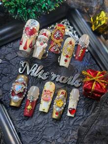 10pcs Handmade Nail AcrylicPress On Nails Long Square ChristmasNails, Red Cat's Eye&Gold Snowflake Style (Christmas) Element Theme, Handmade Santa Claus&Deer&Heart 3 D With Rhinestone Pearls&Bow And Other Nail Accessories, Acrylic Nail Supplies Are Suitable For Christmas&New Year Festivals, Daily, Gatherings,Parties, And Are Great Gifts For WomenAnd Girls,Equipped With 1 Jelly Pad And 1 Nail File - Burgundy - View 7