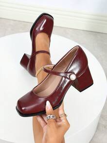 复古法式玛丽珍厚底粗跟高跟鞋，时尚女士新款派对魔术贴皮鞋，纯色优雅圆头大码高跟鞋，酒红色鞋跟 - 酒紅色 - 查看 5